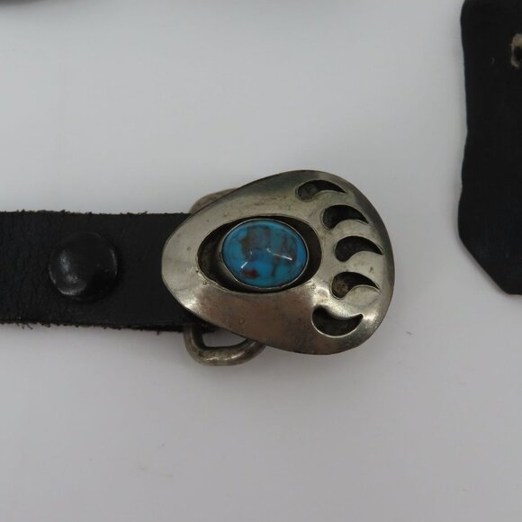 VTG Navajo Bear Paw Shadow Box Concho Belt 60in Long Silver Metal Black Leather